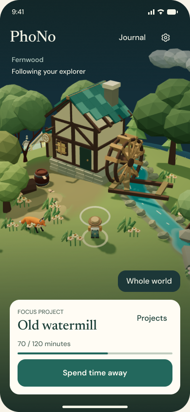PhoNo app screen showing the Old watermill in Fernwood, 70 of 120 restoration minutes, and the Spend time away button.