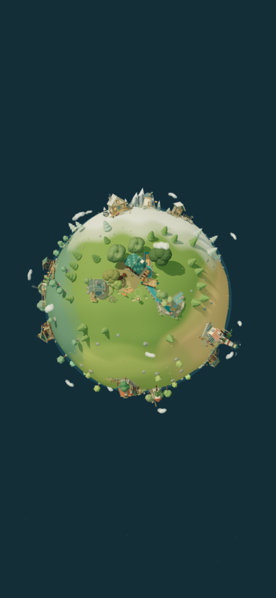 PhoNo’s restored low-poly globe, with green forests, a watermill, coastal homes and snowy mountains.